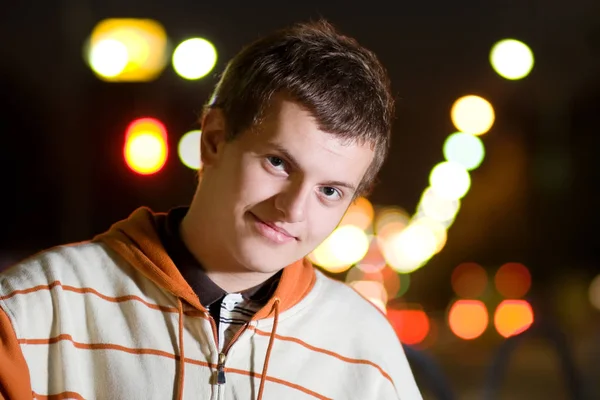 Fashionable Teenage Boy Posing Outdoors City Night — Stock Photo, Image