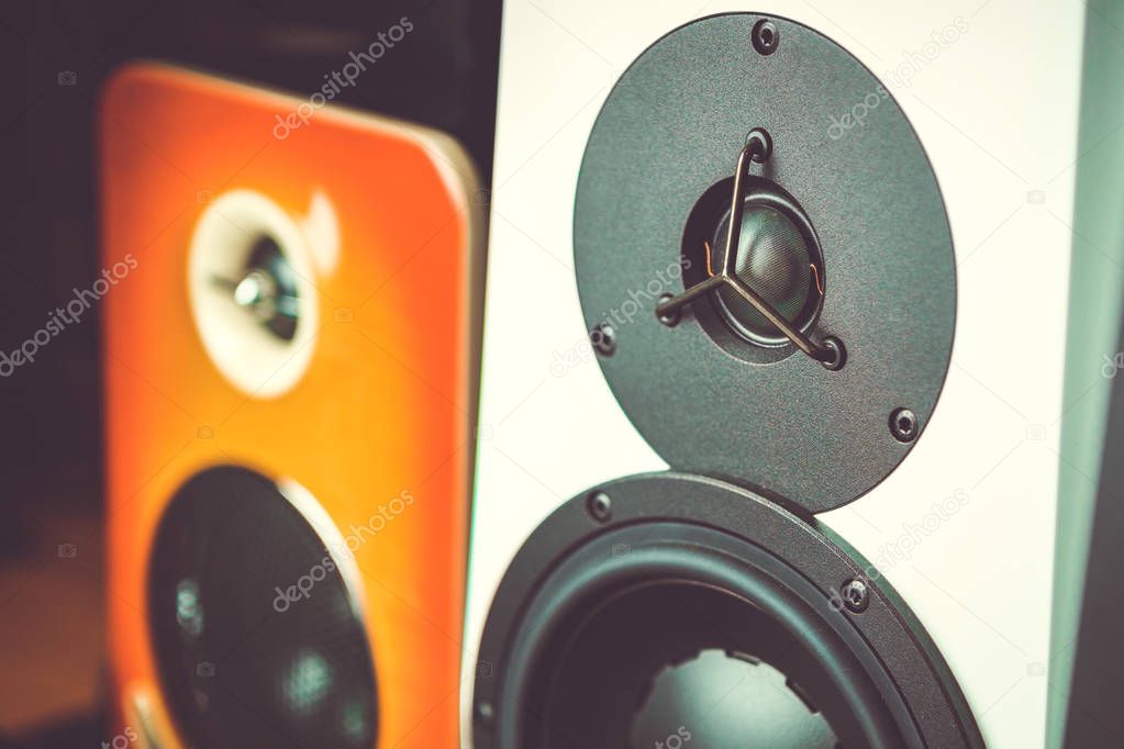 High quality loudspeakers in dj shop.Buy hifi sound system for sound recording studio.Professional hi-fi cabinet speaker box on sale.Audio equipment for audio record studios