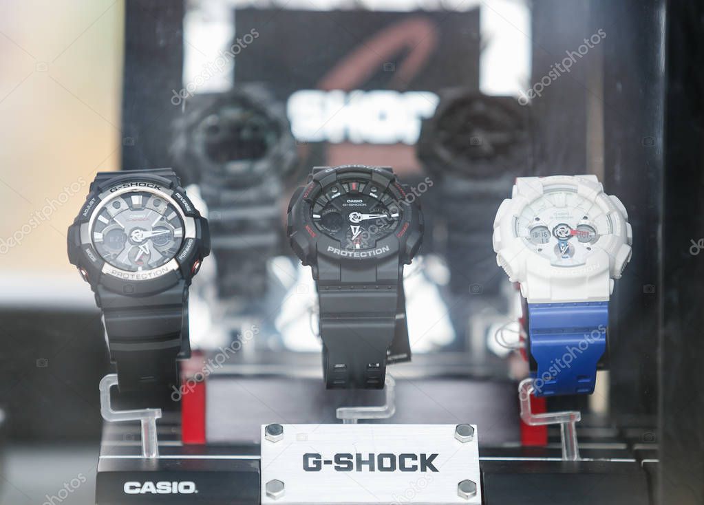 ODESSA,UKRAINE-21 AUGUST,2017:New Casio G-shock wrist watches on sale in shop.Modern fashionable protected waterproof watches for young&active youth.Extreme Casio Gshock watch