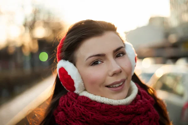 Smiling Happy Young Girl Wearing Warm Red Scarf Earmuffs Bright — Stock Photo, Image