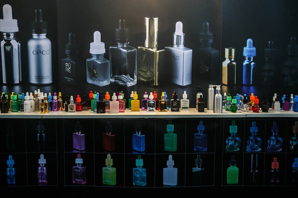 MOSCOW - 6 DECEMBER, 2016: Vape Expo event .Exposition of modern electronic cigarettes, vape juice liquids and vaping devices