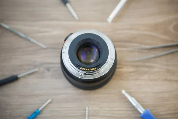 Reparação Lentes Câmera Dslr Quebradas Centro Serviço Especializado Lentes Câmera — Fotografia de Stock