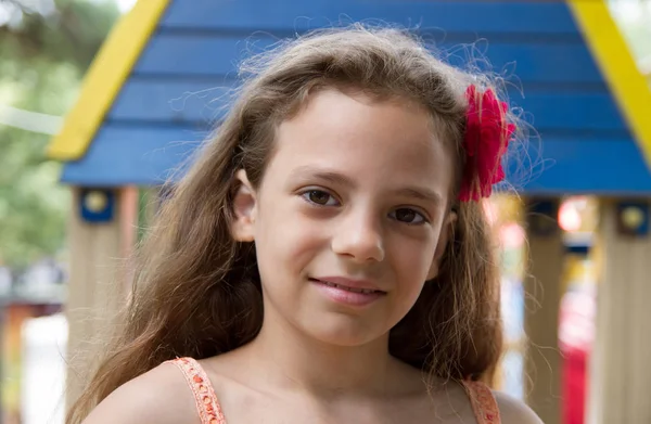 Cute Little Schoolgirl Playground Summer Day — Stock Photo, Image