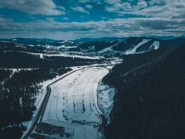 Wunderschöne Drohnenlandschaft Der Karpaten Bei Kaltem Wintertag Waldbäume Dramatischer Himmel — Stockfoto
