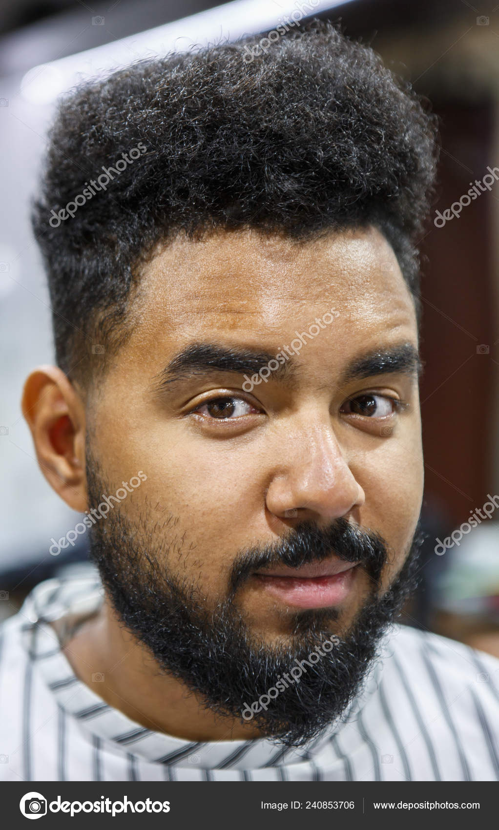 Portrait Young Unshaven Black Man Covered Blanket Barbershop Salon