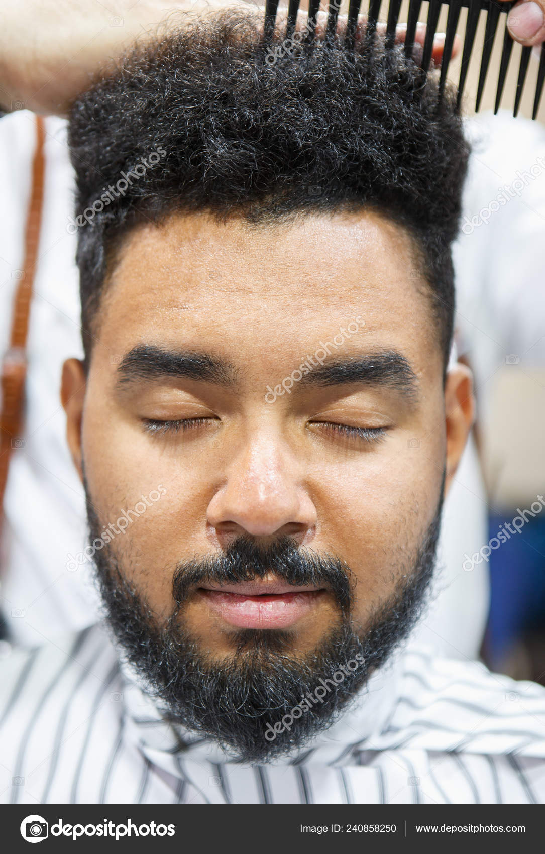 Portrait Young Black Man Getting New Haircut Barbershop Studio