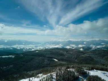 Güzel hava uçak yatay atış Karpat Dağları'nın soğuk kış günü. Orman ağaçları, dramatik gökyüzü ve Carpahtians.Travel hedef Güney Avrupa'nın aktif Turizm için karda