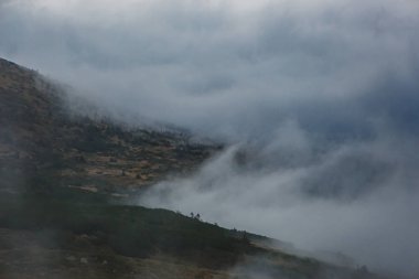 Karpat Dağları kötü havalarda. Dramatik bulutlu gökyüzü ve Karpatlar tepelerde üzerinde haddeleme Güney Avrupa'da yoğun bir sis. Sis bir zam üzerinde dikkatli olun