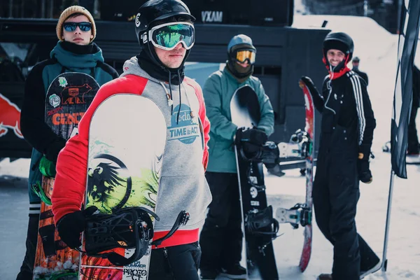 Bukovel Ukraine Mars 2018 Concours Snowboard Dans Parc Hiver Les — Photo