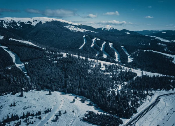 Vackra Antenn Drönare Landskap Skott Karpaterna Kall Vinterdag Skogsträd Sky — Stockfoto