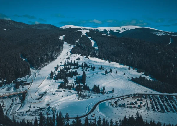 Schöne Drohnenlandschaft Der Karpaten Bei Kaltem Wintertag Waldbäume Himmel Schnee — Stockfoto
