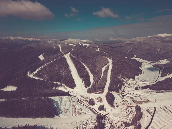 Schöne Luft Drohne Landschaft Foto Der Berge Kalten Schneebedeckten Tag — Stockfoto