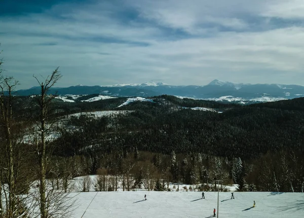 寒い雪の降る日に山の美しい空中ドローン風景写真 冬のアクティブな観光の旅行先 カルパティア山公園の自然の美しさ 緑の松が生える丘の上 — ストック写真