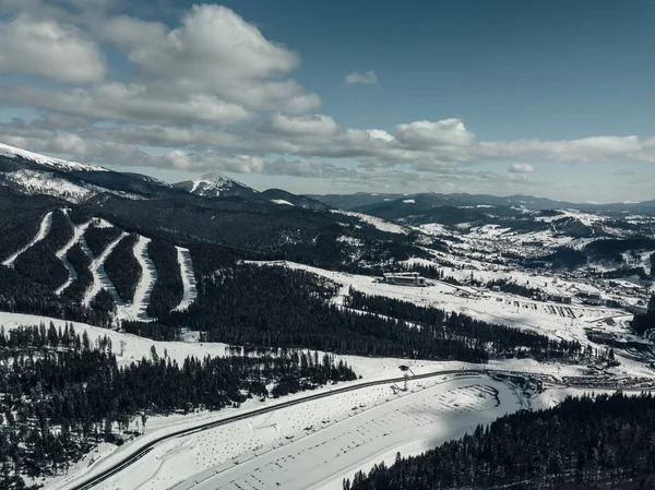 Vackra Antenn Drönare Foto Vinterparken Kalla Årstiden Snöiga Landskapet Karpaterna — Stockfoto