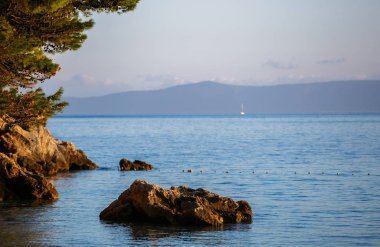 Güzel sahil, Adriyatik Denizi yaz aylarında alacakaranlıkta. Yaz tatili için seyahat hedef cruise. Hırvat doğanın güzelliği zevk ve kumsalda dinlenmek