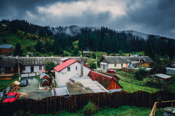Beautiful Carpathian mountains in autumn season.Travel destination for active tourism in Europe.Instagram vintage film filter