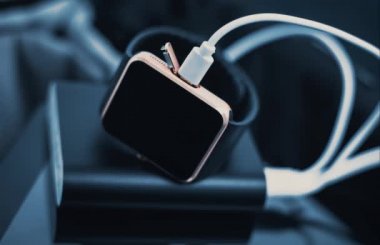 Taşınabilir powerbank şarj cihazıusb kablosu ile chraging boş siyah ekran ile Akıllı saatler. Boş dokunmatik ekranlı trendy altın kol saatleri. Mobil uygulama arabirimini ve logosunu yerleştirin