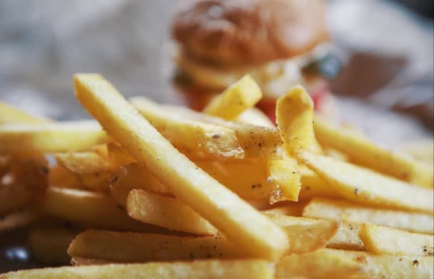 Fastfood Restoran Menüsünde Patates Kızartması Ile Lezzetli Hamburger — Stok video