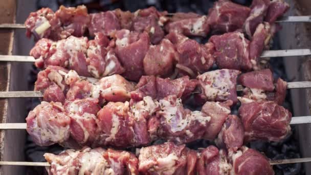 Materiał Wieprzowiny Kebab Gotowania Otwartym Ogniu Grill Zewnątrz Maju Five — Wideo stockowe