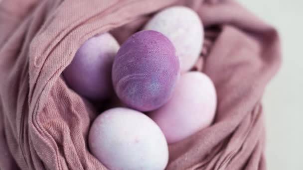 Colorful Purple Chicken Eggs Painted Christian Easter Holiday Macro Close — Stock Video