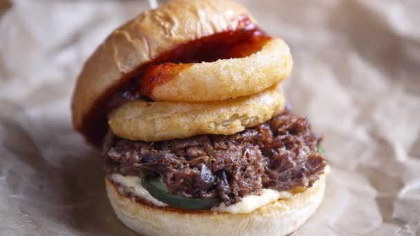 Delizioso Hamburger Fritto Una Griglia Foto Vicino Modalità Macro — Video Stock