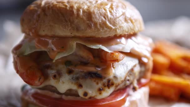 Fastfood Restoran Menüsünde Patates Kızartması Ile Lezzetli Hamburger — Stok video