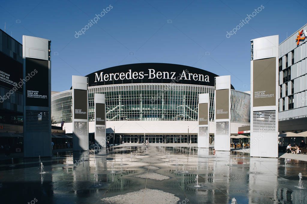 BERLIN,GERMANY-25 APRIL,2019: Exterior of Mercedes Benz Arena in Berlin.Popular place for cultural entertainment,tourist attraction.