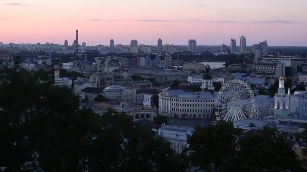 Kyiv Ucrânia Distrito Podil Centro Kiev Bela Paisagem Panorâmica Pôr — Vídeo de Stock