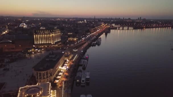 Kyiv Ucrania Podil Distrito Centro Kiev Hermoso Paisaje Panorámico Atardecer — Vídeo de stock