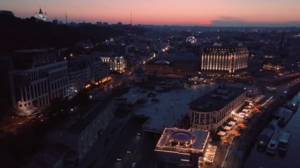 Kijev Ukrajna Podil Kerület Kijev Központjában Gyönyörű Panoráma Táj Naplementekor — Stock videók