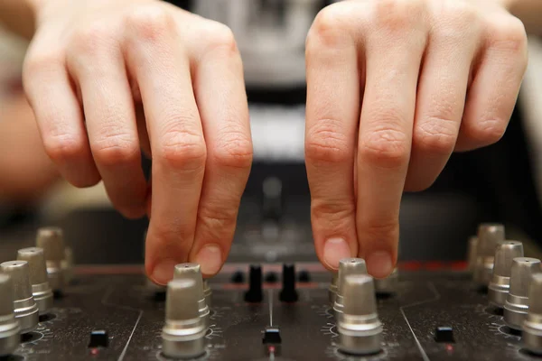 Close Wide Angle Shot Female Hands Adjusting Frequency Knobs Sound — Stock Photo, Image