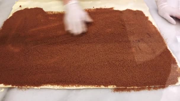 Beelden Van Kok Bereiden Bakkerijproducten Met Kaneel Poeder Keuken Gebak — Stockvideo