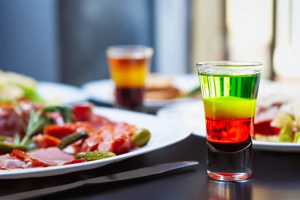 Colorful Mexican Shots Party Restaurant Spiced Gold Rum Served Shot — Stock Photo, Image