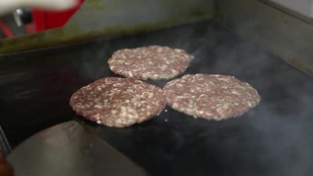 Burger Kött Kotletter Steker Varm Stekpanna Restaurang Kök För Middag — Stockvideo