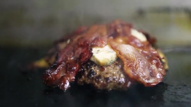 Carne Res Freír Sartén Caliente Fastfood Restaurant Close Hasta Video — Vídeos de Stock