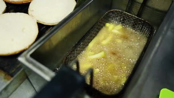 French Fries Cooking Deep Fryer Hot Oil Golden Potato Chips — Stock Video