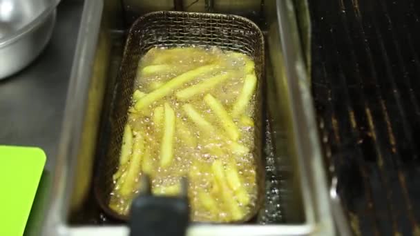 Французькі Картоплини Які Готують Фритюрниці Гарячому Олії Золоті Картопляні Чіпси — стокове відео