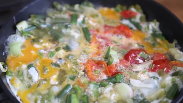 Telur Ayam Dan Sayuran Beku Menggoreng Panci Panas Kitchen Memasak — Stok Video