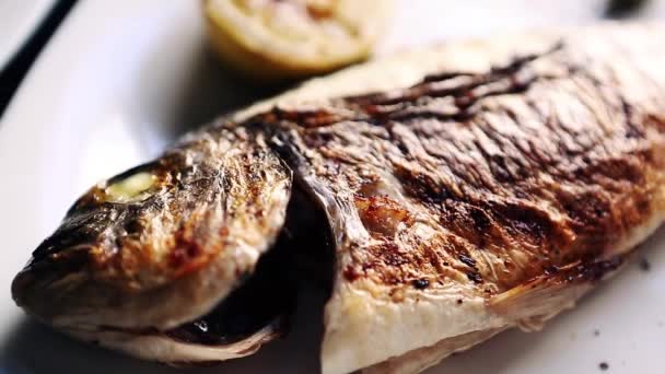 농어는 식당에서 세라믹 접시에 먹는다 Delicious Fried Seabass Cooked Grill — 비디오