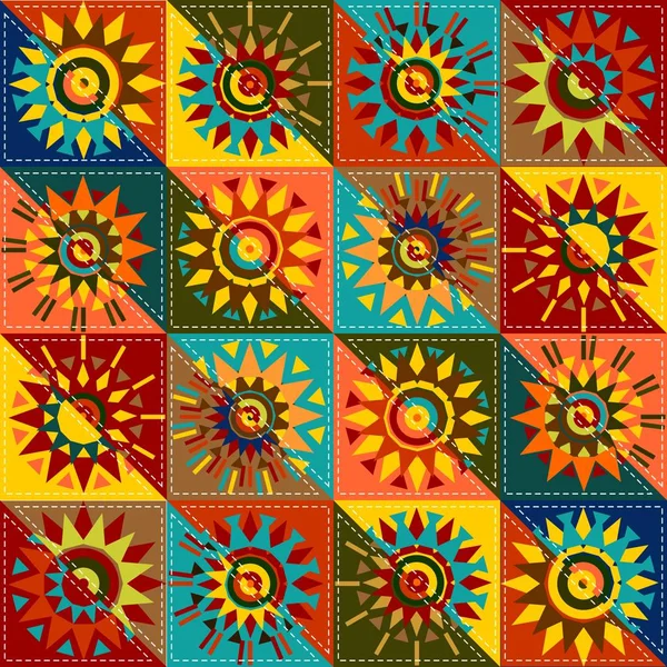 Quilt Patchwork Achtergrond Met Mandala Etnische Stijl — Stockvector