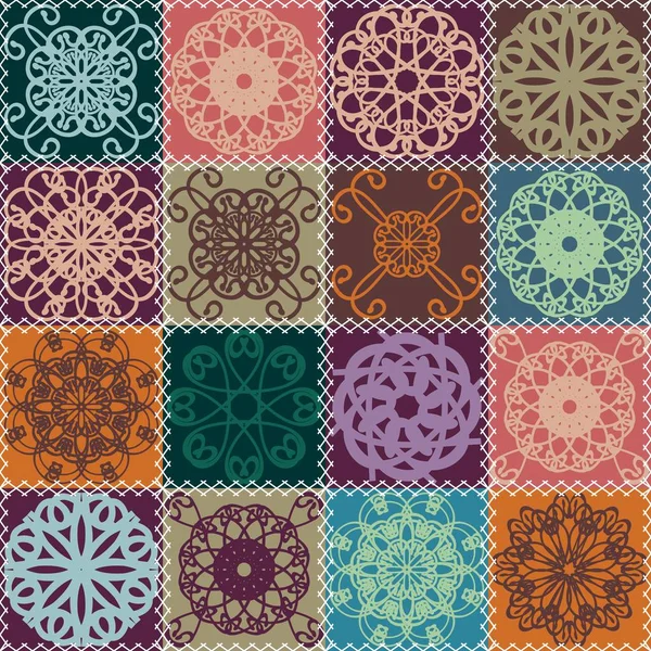 Quilt Patchwork Hintergrund Mit Mandala Ethnischen Stil — Stockvektor