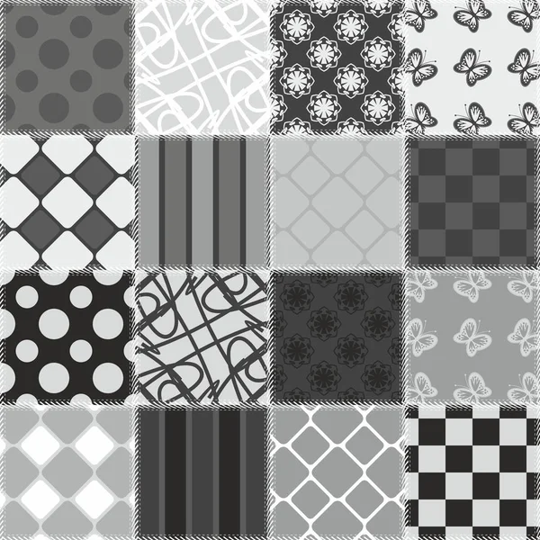 Fondo Patchwork Blanco Negro Con Diferentes Patrones — Vector de stock