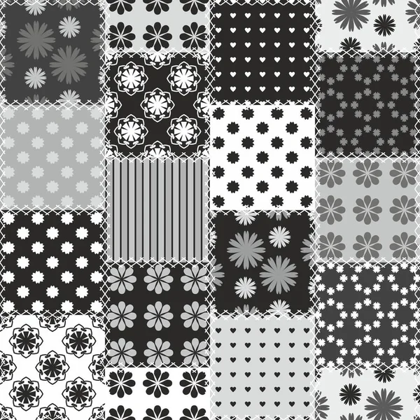 Fondo Patchwork Blanco Negro Con Diferentes Patrones — Vector de stock