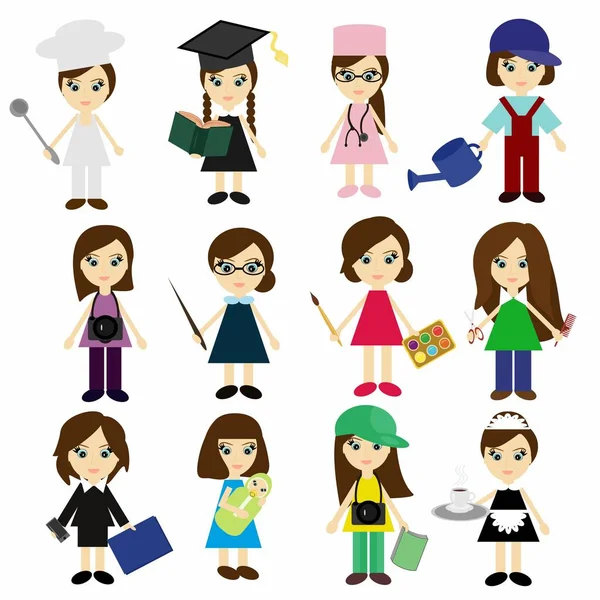 Πολλές Διαφορετικές Δουλειές Κορίτσια Λευκό — Διανυσματικό Αρχείο
