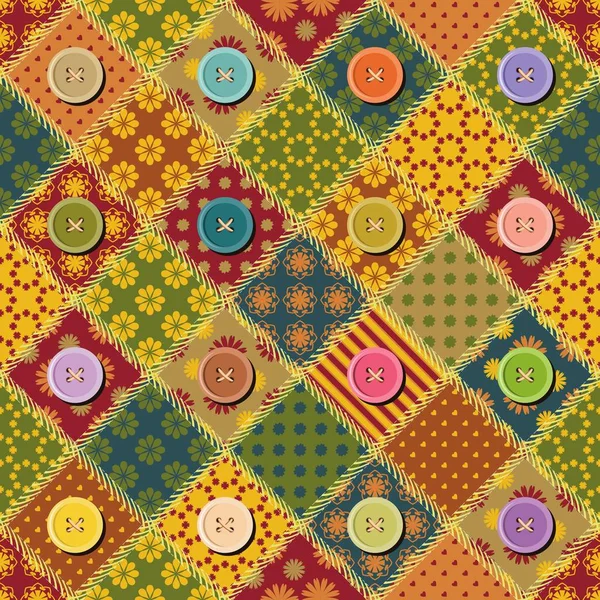 Fondo Patchwork Con Diferentes Patrones Botones — Vector de stock