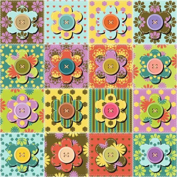 Patchwork Φόντο Λουλούδια Και Κουμπιά — Διανυσματικό Αρχείο
