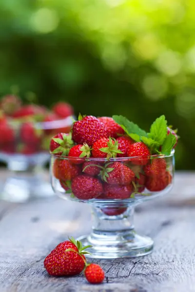 甜草莓配奶油户外服务 — 图库照片