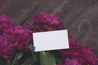 Peonies koyu ahşap zemin üzerine boş kartı