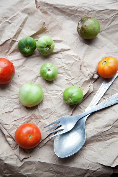 Composition Tomatoes Cutlery Old Paper — Stock Photo, Image