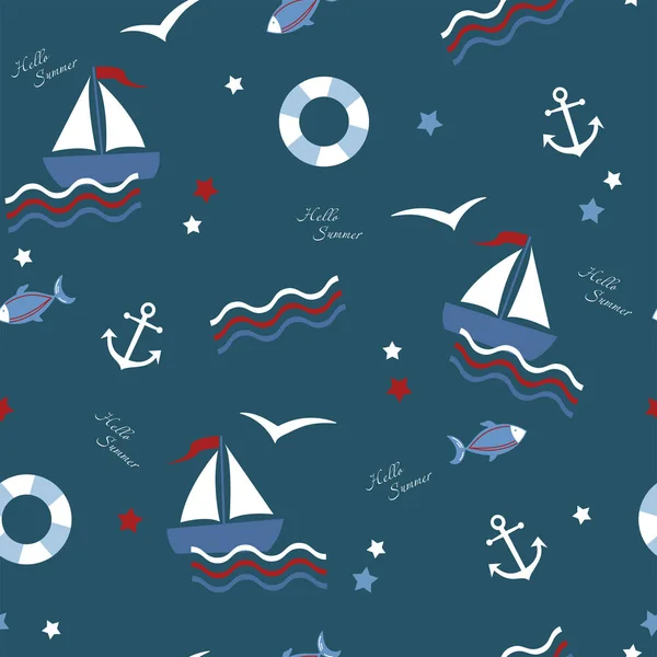 Marine Theme Vector Illustration Children Seamless Pattern — Stock Vector